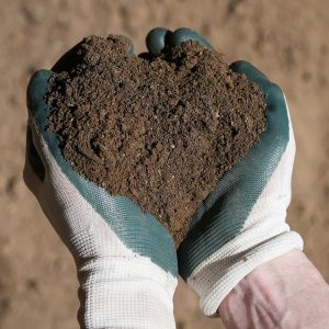 Hands with gardening gloves on holding Topsoil